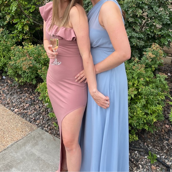 Floor Length Baby Pink One Shoulder Dress with Thigh High Slit - Picture 4 of 4